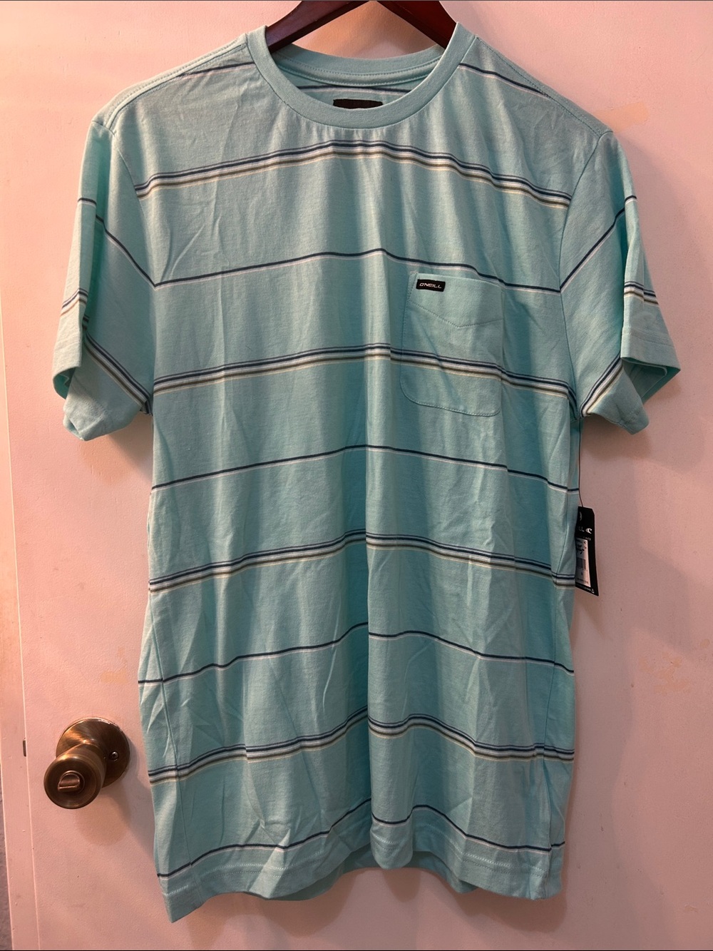 NWT O'Neill Lt Blue Horizontal-Stripe Pocket Tee, Sz M